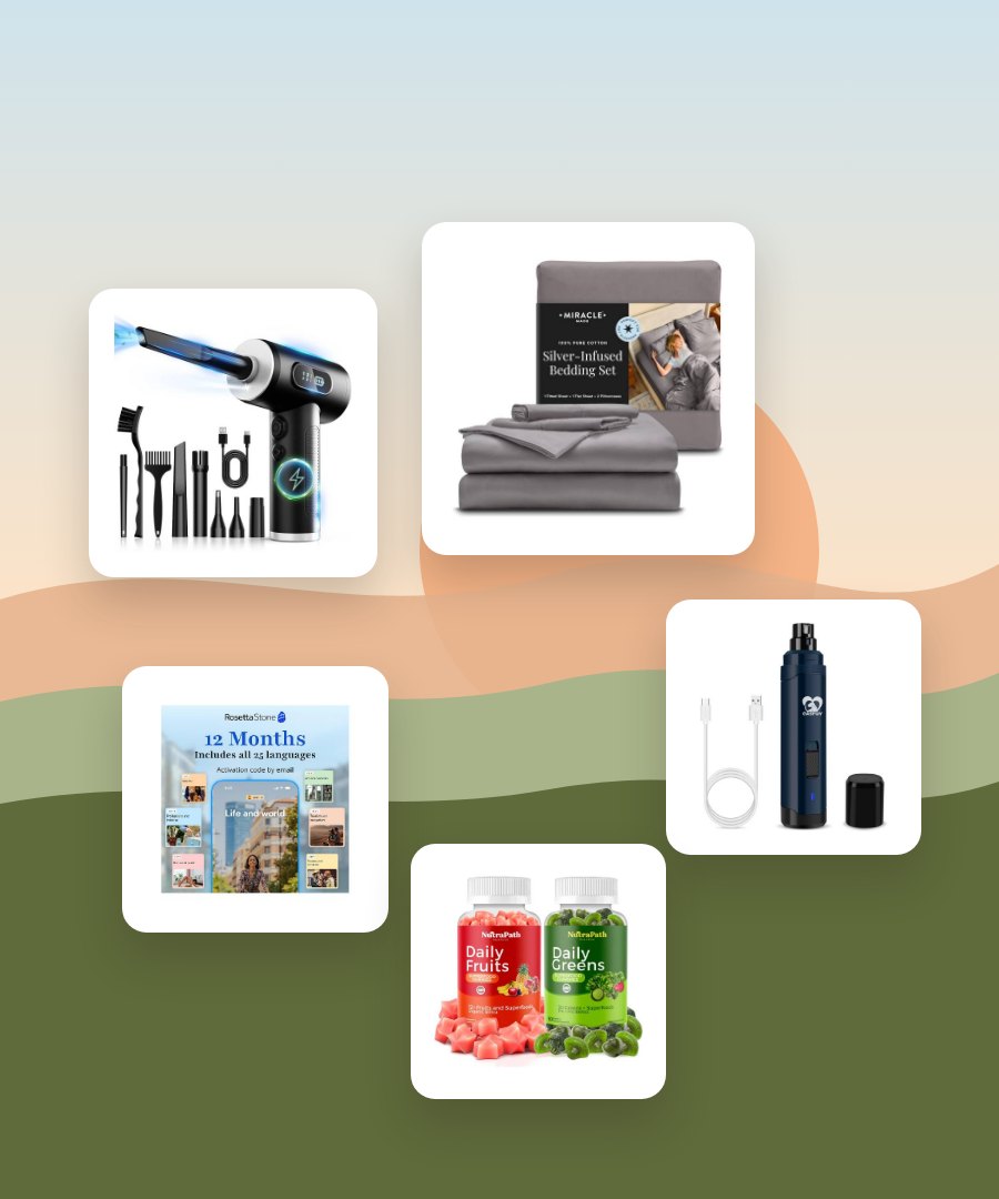 Products from across the store against a morning landscape